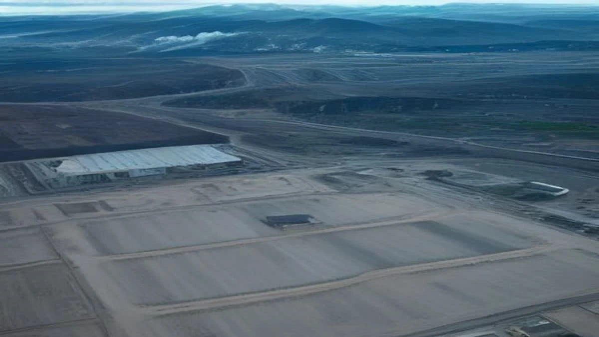 Aerial-style photograph of containerised mining buildings on an industrial site under overcast daylight